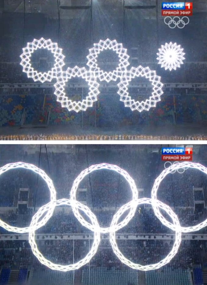 Russian TV replaced the above fail with footage from rehearsal so everything looked well in Russia. The rest of the world saw four rings and a snowflake.
